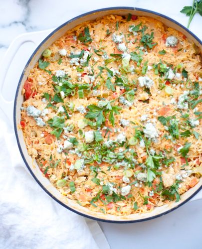 Buffalo Chicken Spaghetti Squash Casserole - Lillie Eats and Tells Chicken Spaghetti Squash Casserole, Buffalo Chicken Spaghetti, Lillie Eats And Tells, Ella Vegan, Buffalo Chicken Spaghetti Squash, Cooking Spaghetti Squash, Spaghetti Squash Casserole, Macro Friendly Recipes, Chicken Spaghetti Squash