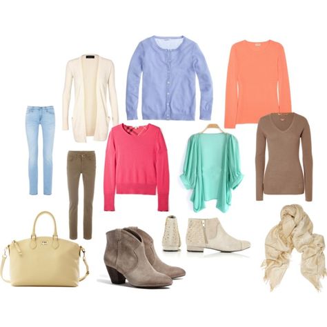 "Light Spring" by gracekellyssu on Polyvore Light Spring Outfits, Light Spring Palette, Warm Spring Outfits, Light Spring Color Palette, Coral Outfit, Light Spring Colors, Core Wardrobe, Spring Palette, Spring Color Palette