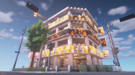 Realistic Korean Commercial Building Minecraft Project Minecraft Commercial Building, Korean Minecraft House, Minecraft Korean Builds, Minecraft Laboratory Ideas, Korean Commercial, Minecraft Realistic, Laboratory Idea, Minecraft Banner Patterns, Building Minecraft