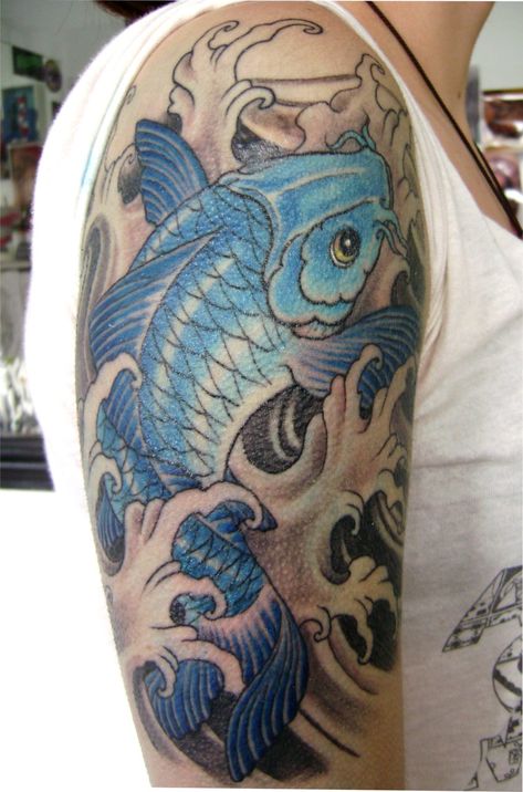 I want a koi fish tattoo because it symbolizes wen the fish is swimming upstream there is great struggle I ones life, trying to complete goals and is strong, most koi fish symbolize furtune Tattoo Japonais, Tattoo Generator, Koi Tattoo Sleeve, Yin Yang Koi, Koi Tattoo Design, Japanese Tattoo Symbols, Blue Koi, Pisces Tattoos, Koi Art