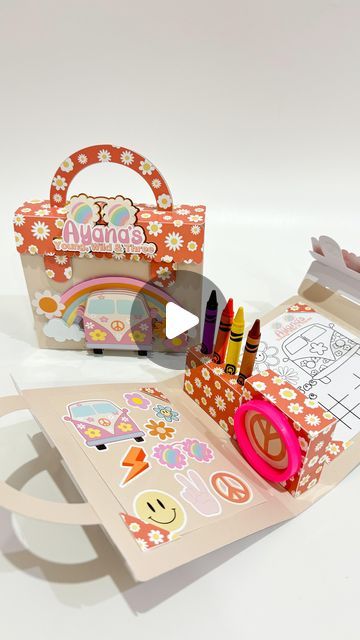 by Jennifer Mañón | Papeleria Creativa | Custom Party Decor on Instagram: "Groovy Theme✨✨✨  •Coloring Suitcase Box  Template @ainhoagoitia   Printer Epson ET-8550  #groovybirthdayparty #groovybirthdaytheme #groovyparty #groovypartytheme #groovypartyideas #groovycolors #groovy #groovyfavors #papeleriabonita #papelariapersonalizada #papeleriacreativa" Suitcase Template, Groovy Theme, Gift Box Template, Princess Tiana, Box Template, June 21, Custom Party, Birthday Theme, Party Decor