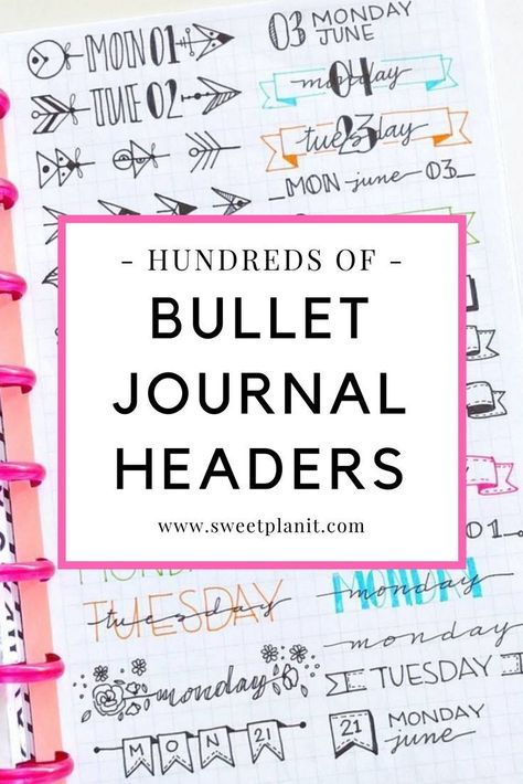 Journal Headers, Header Ideas, Bullet Journal Headers, Journaling Planner, Bullet Planner, Bullet Journal Weekly Spread, Doodle Fonts, Bullet Journal Notebook, Dot Journals