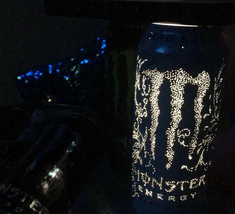 hi im with my bff and we got monsters and poked holes in them for 4 hours and we did it- yay :] Monster Can Light Holes, What To Do With A Monster Can, Things To Make With Cans, Things To Do With Monster Cans, Monster Can Crafts, Monster Energy Aesthetic, Monster Cans Diy, Monster Drink, Monster Decorations