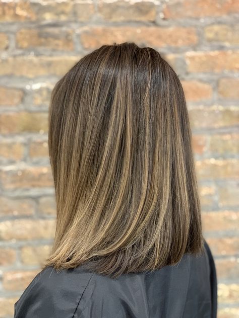 Short Carmel Balayage, Blended Highlights On Dark Hair, Straight Highlighted Hair, Full Foil Highlights Dark Hair, Carmel Brown Hair, Highlights Short Hair, Highlights Brown Hair Short, Balayage Straight Hair, Rambut Brunette