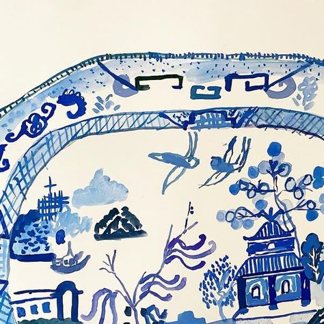 Charlotte Hardy on Instagram: "My offerings this Saturday morning- Blue Willow Plate Drawings are for sale!  Postage in the Uk is £15. I’m happy to send overseas. They’re on heavy A2 cartridge paper- 42 x 59cm. There is only 1 available of each one.   1. Japanese Blue Willow SOLD 🔴  2. Qing Dynasty China SOLD 🔴  3. Blue and White Plate, gouache on cartridge paper, 42 x 59 cm, £150 plus postage   4. Pavilion and Birds, gouache on cartridge paper, 42 x 59 cm, £150 plus postage   5. Waterside Landscape SOLD 🔴  6. Chinoiserie Pattern, SOLD 🔴  #charlottehardypainting #charlottehardydrawing #drawingwithpaint #blueandwhitechina #bluewillowplates #drawingsforsale" Plate Drawing, Chinoiserie Pattern, Plate Ideas, Willow Pattern, White Plate, Blue And White China, White Plates, Blue Willow, Qing Dynasty