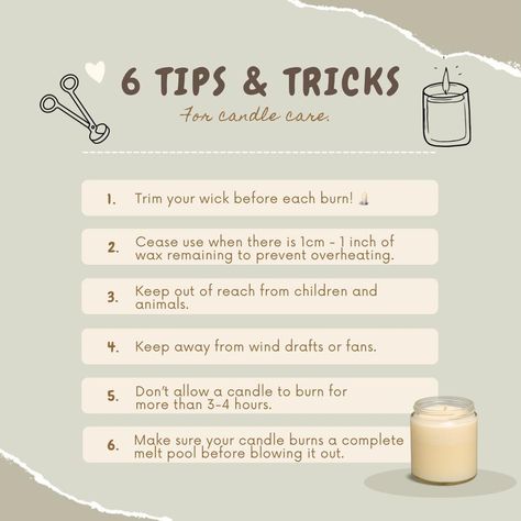 Just a few tips and tricks for burning your WWBC 🕯️ We always want you to have the best experience while burning our nontoxic candle. If you have any questions just simply message me! 🤍 • • #trimyourwicks #candles #naturalsoycandles #burn Candle Tips, Nontoxic Candles, Candle Crafts, Candle Burning, Candle Crafts Diy, Candle Craft, Candle Business, Natural Soy Candles, Burning Candle