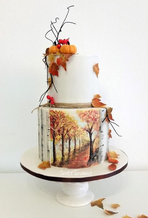 Autumn cake - cake by SWEET architect Autumn Cake Decorating, Autumn Cake, Savory Cakes, Fall Cake, Thanksgiving Cakes, Hand Painted Cakes, Cupcakes Decorados, Fall Cakes, Fall Wedding Cakes