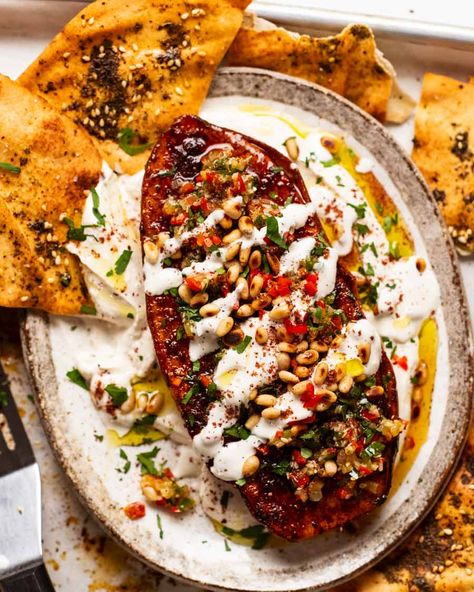 Overhead photo of Roasted sweet potato steaks Potato Oven Recipes, Chilli Toppings, Baked Sweet Potato Oven, Potato Oven, Sweet Potato Oven, Lemon Garlic Sauce, Sweet Potato Recipe, Full Fat Yogurt, Recipetin Eats