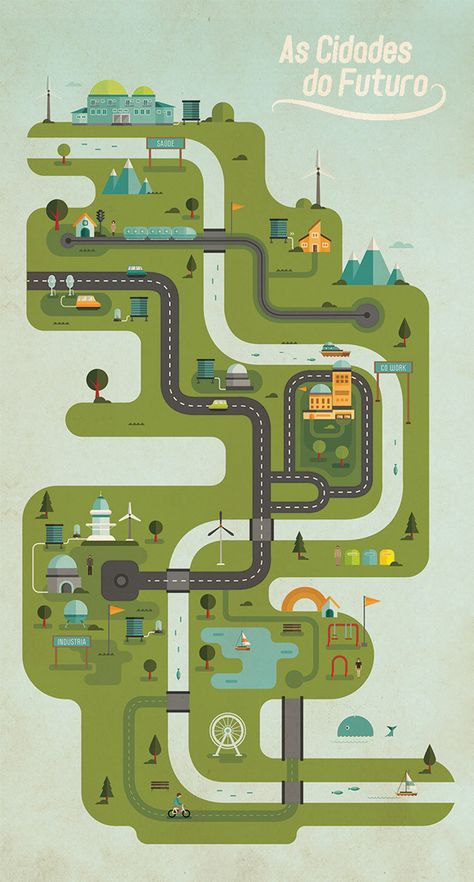 The cities of the future on Behance Road Map Illustration, Map Design Ideas, Maps Illustration Design, Festival Map, Map Infographic, Map Illustrations, Game Map, Building Map, Hawaiian Party Decorations