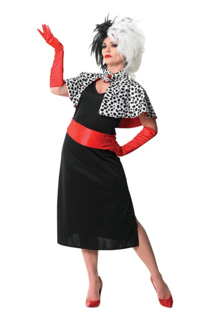 Dalmatian Fancy Dress, 101 Dalmations Costume, 101 Dalmatians Costume, Disney Villain Costumes, Cruella Deville Costume, 101 Dalmatians Cruella, The 101 Dalmatians, Disney Cruella, Black And White Wig