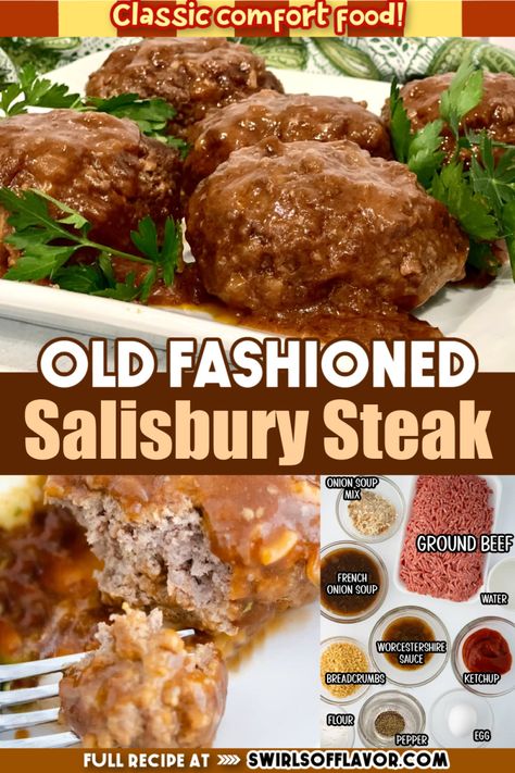 Old Fashioned Salisbury Steak Recipe is pure comfort food that’s a throwback to years ago. Seasoned ground beef patties simmer in a flavorful onion sauce and are ready in about 30 minutes. An easy weeknight dinner recipe! Salisbury Steak Recipe Cube Steak, Salisbury Steak Using Frozen Hamburger Patties, Old Fashioned Meals Family Recipes, Ground Steak Recipes, Salisbury Steak Recipe Easy Stove Top, Salsbury Steaks, Salisbury Steak Recipe Easy, Salisbury Steak Easy, Old Fashioned Salisbury Steak Recipe