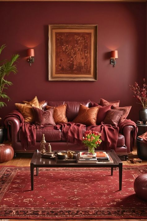 Black And Maroon Living Room, Red Earth Farrow And Ball Living Rooms, Sommelier Sherwin Williams, Chocolate Brown Walls Living Room, Dinning Room Colors, Maroon Living Room, Chocolate Brown Walls, Dark Brown Couch Living Room, Farrow And Ball Living Room