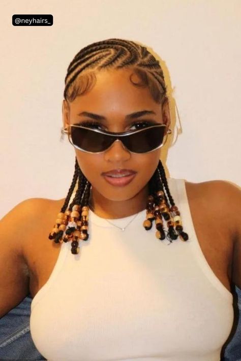 Stitch Braids With Baby Hair Bangs Bold Hairstyles For Women, Full Cornrow Hairstyles, All Back With Beads, Cornrow Designs For Women Natural Hair, Cornrows With Color, Hairstyle Inspo For School, Design Cornrows Braids, Cool Cornrows, Cornrows With Natural Hair Only