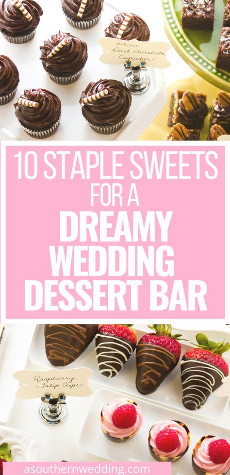 Make your wedding dessert bar stand out with these delicious dessert bar favorites! #weddingdessert #weddingdessertbar #weddingdesserttable #weddingideas #dessertbarwedding #dessertbardiy #desserttablewedding #cuteweddingideas Unique Dessert Ideas For Wedding, Desert Bars Wedding, Dessert Table Desserts, Make Ahead Wedding Desserts, Wedding Desserts Other Than Cake, Dessert Table Wedding Ideas, Wedding Reception Dessert Bar, Wedding Dessert Recipes, Easy Wedding Desserts