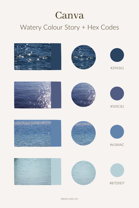 A light background with 4 images of sparkling waters with a colour pulled from each photo and their corresponding hex codes for them listed beside. They vary from dark to light shades of blue. Blue Branding Color Palette Canva, Navy Hex Code, Winter Blue Palette, Blue Color Hex Codes, Blue Brand Colour Palette, Brand Colour Pallete, Ocean Blue Colour Palette, Navy Blue Hex Code, Colour Pallete Aesthetic