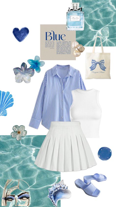 #BeachOutfits #CoastalStyle #BlueAndWhiteAesthetic #SummerLook #TropicalVibes #EffortlessStyle #OOTDInspo #CasualChic #BeachAccessories #MinimalFashion #SeasideStyle #PinterestOutfits Blanco Aesthetic, Blue White Aesthetic, Blue Flat Sandals, Blue And White Outfit, Blue And White Outfits, Collage Outfits, Seaside Style, Stylish Tote Bag, Blue Striped Shirt