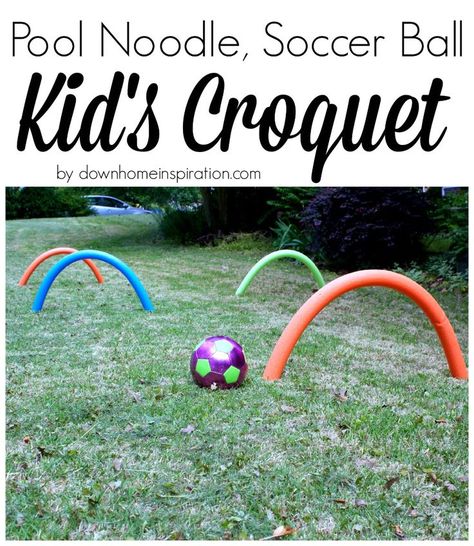 How fun, and it's all from the dollar store!  Pool Noodle, Soccer Ball Kid's Croquet - Down Home Inspiration Outdoor Twister, Giant Yard Games, Outdoor Party Games, Outside Games, Fun Outdoor Games, Outdoor Games For Kids, Pool Noodle, Soccer Game, Pool Noodles