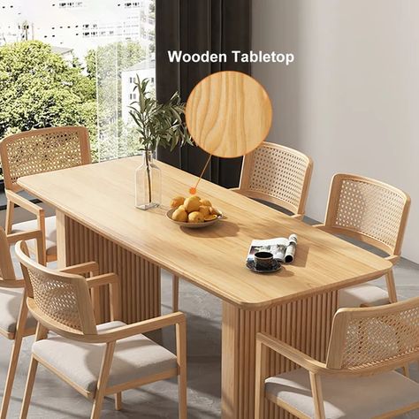 Japandi 63" Rectangle Dining Table Double Pedestal Natural Wood Top for 6 Ribbed Leg Set Meja Makan, Small Kitchens, Rectangle Dining Table, Farmhouse Dining Table, Solid Wood Table, Dining Table Design, Solid Wood Dining Table, Wooden Dining Tables, Small Dining