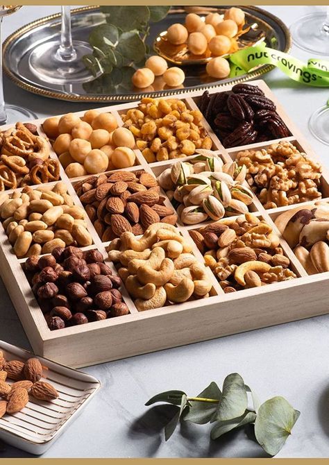 Nuts Gift Basket — Best Christmas Holiday Gifts-Christmas Gift Basket Holiday Nuts in Reusable Wooden Tray + Green Ribbon — 12 Assortments  #Nuts #Gift #Basket #Best #Christmas #Holiday #Gifts Snacks For Home, Chocolate Hamper Basket, Edible Gift Baskets, Nut Gift Basket, Snack Gift Baskets, Healthy Birthday, Assorted Nuts, Nuts Gift, Dry Fruit Box