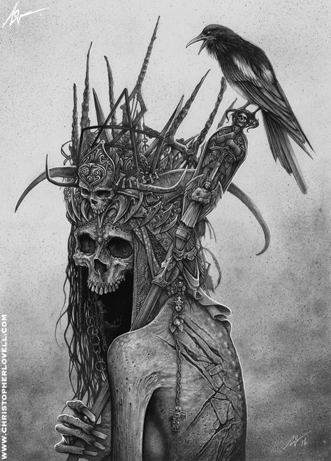 DARK ART TIME LAPSE VIDEO : (Link in description) by Lovell-Art skeleton crown raven crow litch king undead dead corpse monster beast creature animal | Create your own roleplaying game material w/ RPG Bard: www.rpgbard.com | Writing inspiration for Dungeons and Dragons DND D&D Pathfinder PFRPG Warhammer 40k Star Wars Shadowrun Call of Cthulhu Lord of the Rings LoTR + d20 fantasy science fiction scifi horror design | Not Trusty Sword art: click artwork for source Christopher Lovell, Skull Paintings, Beast Creature, Art Time, Art Noir, Dark Artwork, Ange Demon, Art Tumblr, Human Head