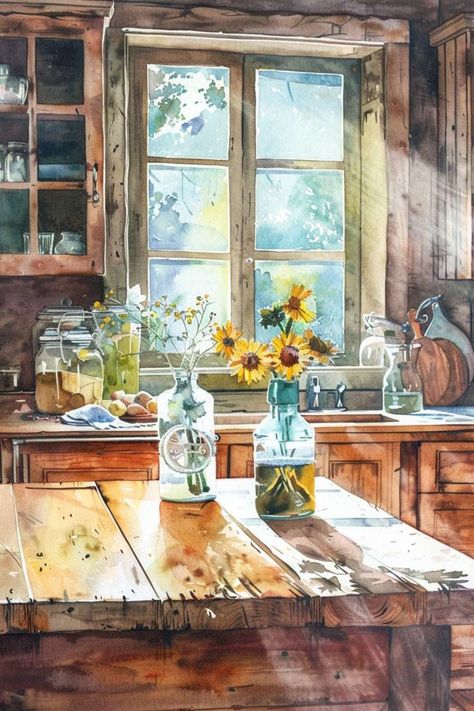 Uses For Mason Jars, Old Farmhouse Kitchen, Farmhouse Life, Homestead Kitchen, Country Recipes, Grain Mill, House Cartoon, Canning Labels, Whimsical Paintings