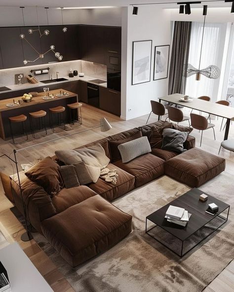 Living Room Designs With Dark Brown Couch, Cool Interior Design Living Room, Apartment Living Room Decor Ideas Brown Dark Couch, Wood Beige Living Room, Modern Rustic Style Living Rooms, Brown Contemporary Living Room, Brown Aesthetic Living Room Decor, Brown Black And Gold Living Room, Brown Apartment Aesthetic Living Room