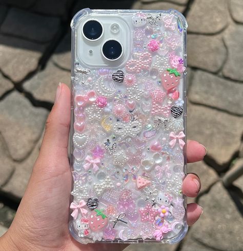 Custom pink and white junk phone case!! 💕🤍🎀☁️ DM to order yours now!!! ☆ ☆ ☆ ☆ ☆ ☆ ☆ ☆ ☆ ☆ #junkphonecase #hellokitty #smallbusiness #pink #pinkphonecase #danasdesigns Junk Phone Case, Goddess Braids Hairstyles, Pretty Iphone Cases, Goddess Braids, Braids Hairstyles, Pink And White, Braided Hairstyles, Phone Case, Braids