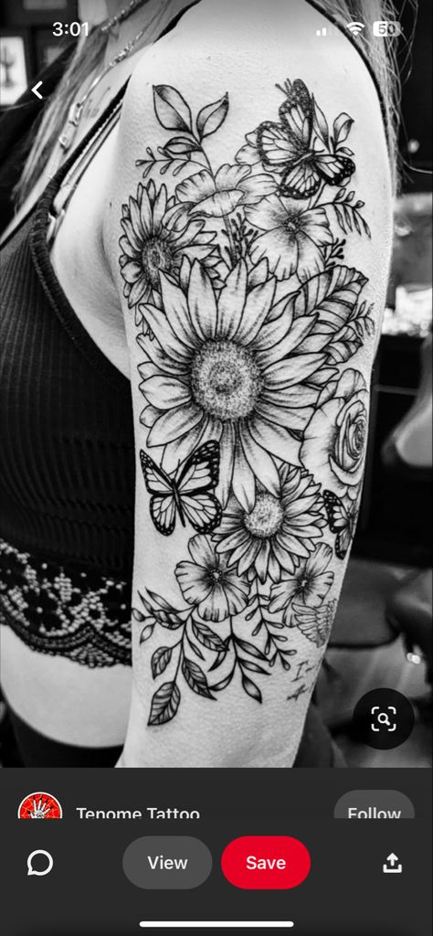 Floral Sleeve Tattoo With Butterflies, Butterfly Floral Tattoo Half Sleeves, Daisy Tattoo With Butterflies, Sunflowers And Butterflies Tattoos Sleeve, Half Sleeve Flowers And Butterflies, Floral Tattoo Design With Butterfly, Butterfly Tattoo Shoulder Sleeve, Full Sleeve Tattoos Butterfly, Tattoo Ideas Female Thigh Butterflies