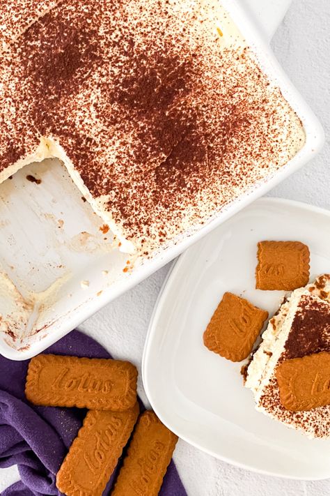 Tiramisu dessert topped with cocoa powder next to a serving on a plate with Lotus biscuits. Biscoff Tiramisu, Tiramisu Recipes, Biscoff Biscuits, Recipe Cover, Tiramisu Recipe, Taste Buds, Easy Recipe, Dinner Party, Sweet Tooth