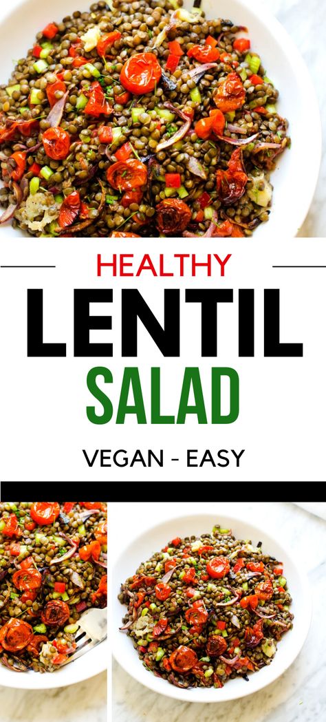 This healthy lentil salad is made with sweet roasted tomatoes which are perfectly balanced with roasted garlic and onions. With crunchy celery and sweet red pepper, this salad is tossed in a simple lemon vinaigrette with just a subtle hint of heat.   The perfect salad for meal prep!  #wendypolisi #lentils #vegan #easyrecipe #lentilsalad #mealprep #healthy Red Lentil Salad Recipes, Recipes With Green Lentils, Lentil Salad Recipes Cold, Mediterranean Lunches, Red Lentil Salad, Lentil Salad Vegan, Green Lentil Salad, Veggie Salads, Tomato Lentils