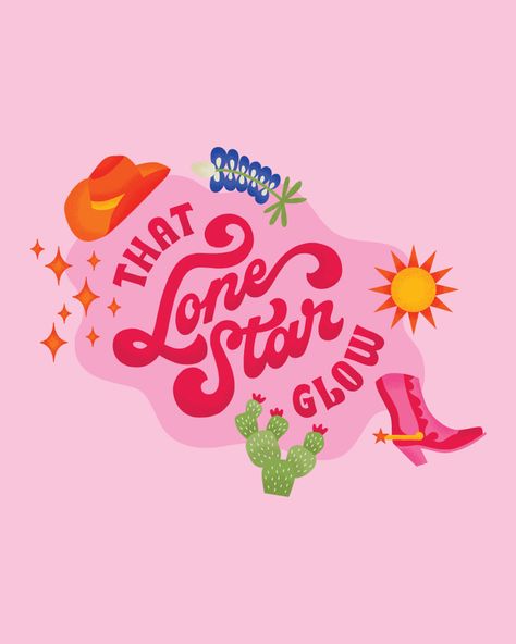 Retro Texan-inspired mural design. Cowboy hat, bluebonnet, stars, sun, cactus, and cowgirl boot illustrations on pink background. Retro red serif and script lettering with a quote that says, "That Lone Star Glow." Mural design created for LaserAway in Arlington, Texas. Design by lettering artist and illustrator Jessica Molina. Cowgirl Widgets, Texas Illustration, Laptop Organizer, Pink Texas, Texas Quotes, Bold Illustration, Texas Svg, Girly Fonts, Texas Design