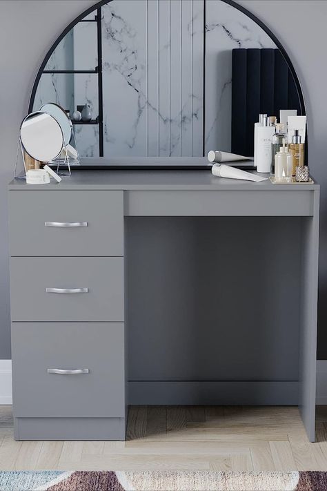 The riano dressing table has a sleek and modern design that complements any bedroom decor. It is finished in paper veneer and melamine, which gives it a stylish finish. The table is available in a range of different colours, such as black, white, pine, walnut and grey, allowing you to choose the perfect one to match your bedroom decor. home, home interior design, home aesthetic, aesthetic home, bedroom interior design, indian interior design #ad Dressing Table Colour, Black Dressing Tables, Grey Dressing Table, Dressing Table Modern, Modern Dressing Room, Indian Interior Design, Table Makeup, Indian Interiors, Makeup Desk