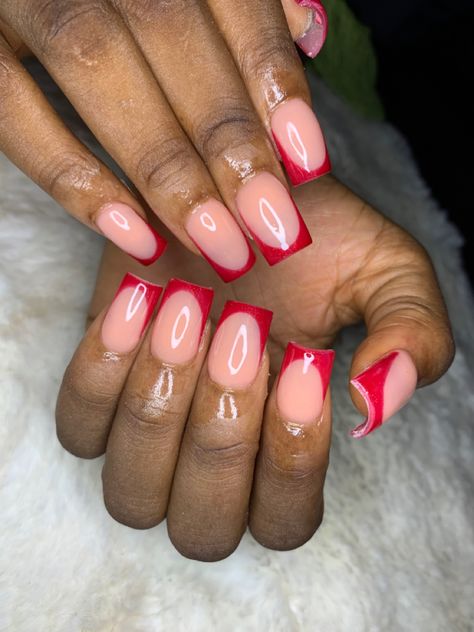 Red French Tip Nails Black Women, Black And Red French Tip Nails, Red Nails Black Women, Acrylic Nails Black Women, Short French Tips, Nails Black Women, Acrylic Nails Black, Red French Tip Nails, Red Tip Nails