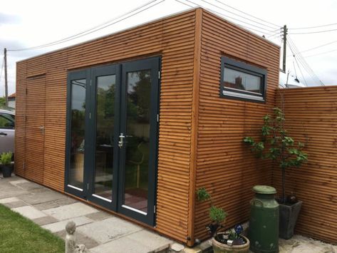 Larch Cladding, Narrow Garden, Corner Garden, Exterior Cladding, Shed Design, Tiny House Cabin, Garden Studio, Garden Buildings, Garden Office