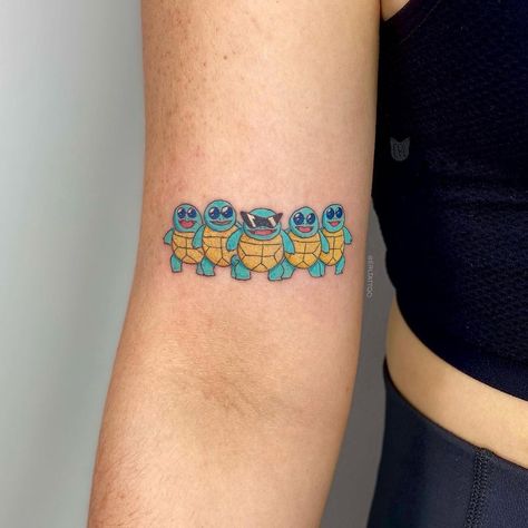 Subtle Pokemon Tattoo, Torchic Pokemon Tattoo, Squirtle Tattoo Design, Wartortle Tattoo, Squirtle Squad Tattoo, Squirtle Tattoo, Bulbasaur Tattoo, Squrtile Pokemon Tattoo, Squirtle Evolution Art