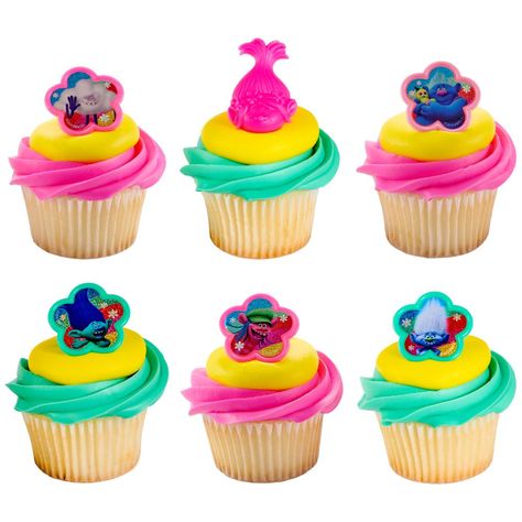 DreamWorks Trolls Hugs & Happiness Ring Cupcakes, Trolls Cupcake Toppers, Troll Cupcakes, Poppy Ring, Trolls Cake, Character Cupcakes, Trolls Birthday Party, Edible Cake Decorations, Colorful Cupcakes