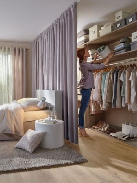 a dusty pink space divider not only adds to the girlish bedroom decor but also separates the bedroom and the closet Hidden Closet, غرفة ملابس, Walk In Closet, Small Bedroom, My Website, Ramen, Bedroom Decor, New Homes, Room Decor