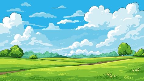 Grass Field Illustration, Grass Drawing, Grass Background, Valley Landscape, Days Of Creation, Grass Field, Grasses Landscaping, White Clouds, Animation Background