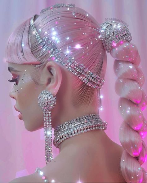 ♔ Rose & Scintillant ♔ Pink and Sparkly Haute Couture Hair, Pink And Sparkly, Barbie Hairstyle, Glamour Hair, Curly Braids, Creative Fashion Photography, Barbie Hair, Fantasy Hair, Haircuts Straight Hair