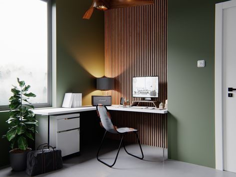 green home office | Interior Design Ideas Green Home Offices, Traditional Home Offices, Green Room Decor, Comfortable Workspace, Home Office Colors, Wood Slat Wall, Workspace Design, Home Office Space, Slat Wall