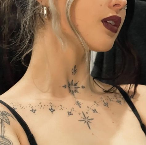 Star Tattoo On Chest For Women, Center Of Neck Tattoo, Lace Neck Tattoo For Women, Fine Line Throat Tattoos Women, Minimal Throat Tattoo, Sternal Notch Tattoo, Suprasternal Notch Tattoo, Low Neck Tattoo, Minimalist Throat Tattoo