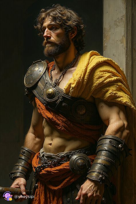 The intense look in Hercules' eyes and the battle scars on his skin reveal the fierce and unrelenting warrior within. This image captures the raw emotion and strength that define him. #Warrior #Strength #GreekHero #Hercules #Determination Raw Emotion, Greek Heroes, Warrior Within, Battle Scars, Ancient Myths, The Battle, Hercules, Beards, Digital Artwork