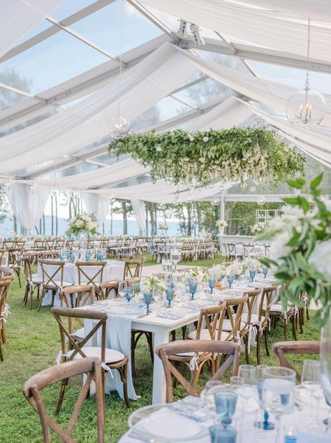 This Blue And White Waterfront Wedding Is Absolutely Overflowing With Florals Outdoor Reception Decorations, Eastern Shore Wedding, Baby Blue Weddings, White Weddings Reception, Jackson Hole Wedding, Timeless Color Palette, Lighting Installation, Tan Wedding, Tented Wedding