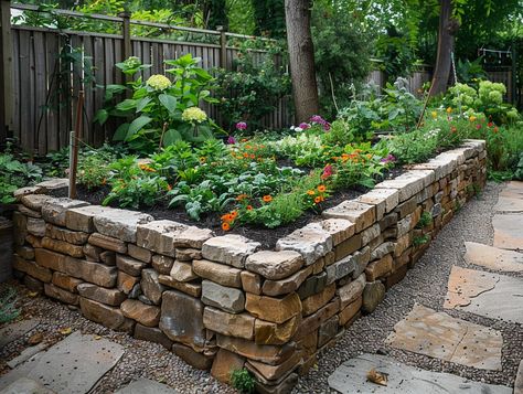 Raised Concrete Garden Beds, Raised Bed Planting Ideas, Backyard Raised Garden Beds, Brick Raised Garden Beds, Stone Raised Beds, Backyard Raised Garden, Raised Garden Bed Ideas, Garden Bed Ideas, Tiny Garden Ideas