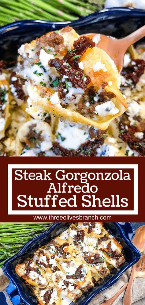 Steak Gorgonzola Alfredo, Gorgonzola Alfredo, Avocado Salsa Verde Recipe, Stuffed Shells Beef, Olive Garden Recipe, Veggie Alfredo, Steak Gorgonzola, Gorgonzola Recipes, Recipe Ground Beef