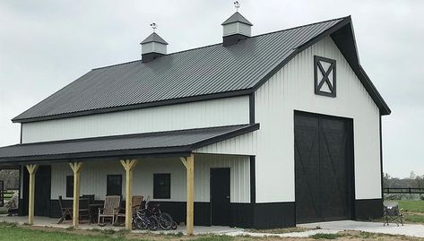 Ozark Metal Buildings Farmhouse Metal Shop, White Shop With Black Trim, Metal Buildings Shop, Rv Pole Barn With Living Quarters, Pole Shed Ideas, Pole Barn Exterior Ideas, Metal Barns Exterior, Car Barn Garage, Metal Shop Building 40x60