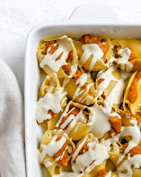 This Pumpkin Stuffed Shells With Sage Cream is something special! It's a great fall recipe to whip up to impress your family and friends without putting too much time and effort into the kitchen. Enjoy! #plantbasedonabudget #pumpkin #stuffed Pumpkin Stuffed Shells, Savory Pumpkin, Tofu Ricotta, How To Press Tofu, Fall Recipe, Extra Firm Tofu, Plant Based Eating, Budget Friendly Recipes, Stuffed Shells