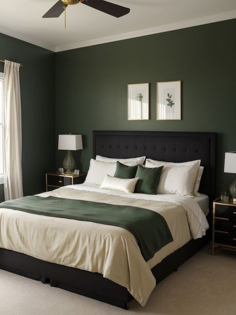 Black And Green And White Bedroom, Black Room With Green Accents, Bedroom Inspirations Forest Green, Black White And Forest Green Bedroom, Black White And Hunter Green Bedroom, White Bedroom With Dark Green Accents, Sage Green Black And Wood Bedroom, Black Bed With Green Bedding, Black Furniture Green Walls