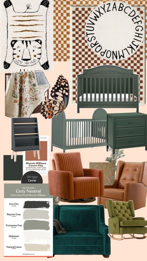 Earth-toned inspired nursery with forest green crib and changing table, camel brown and ivory colored square checkered rugs, lush fabrics like velvet and corduroy. Features brown and green paint swatches and a black brown and green butterfly wing for color inspiration. Moody Nursery, Repose Gray, Neutral Paint Colors, Neutral Paint, Nursery Inspo, Gender Neutral Nursery, Baby Bedroom, Nursery Neutral, Coordinating Colors