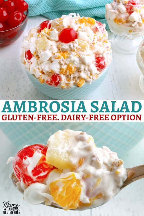 An easy recipe for Ambrosia Salad. A creamy fruit salad made with cool whip and tropical fruit. This Ambrosia fruit salad recipe is gluten-free and has a dairy-free option. Salad Dairy Free, Creamy Fruit Salad, Ambrosia Recipe, Dairy Free Salads, Creamy Fruit Salads, Sugar Free Fruits, Gluten Free Easter, Gluten Free Salads, Ambrosia Salad